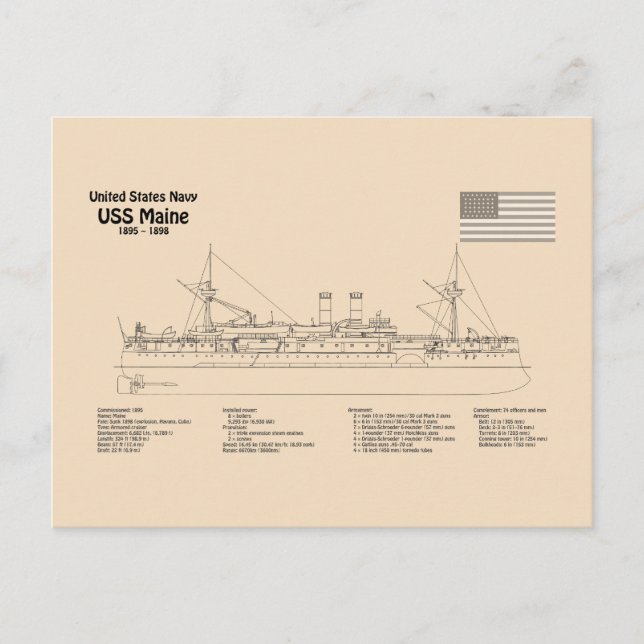 Cartão Postal USS Maine - Plantas de Projeto de Navio SD (Frente)