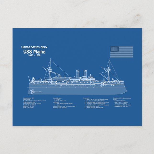 Cartão Postal USS Maine - Ship Blueprint Planos ABD (Frente)