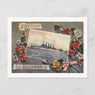 Cartão Postal USS New Jersey, Saudações da Califórnia Vintage