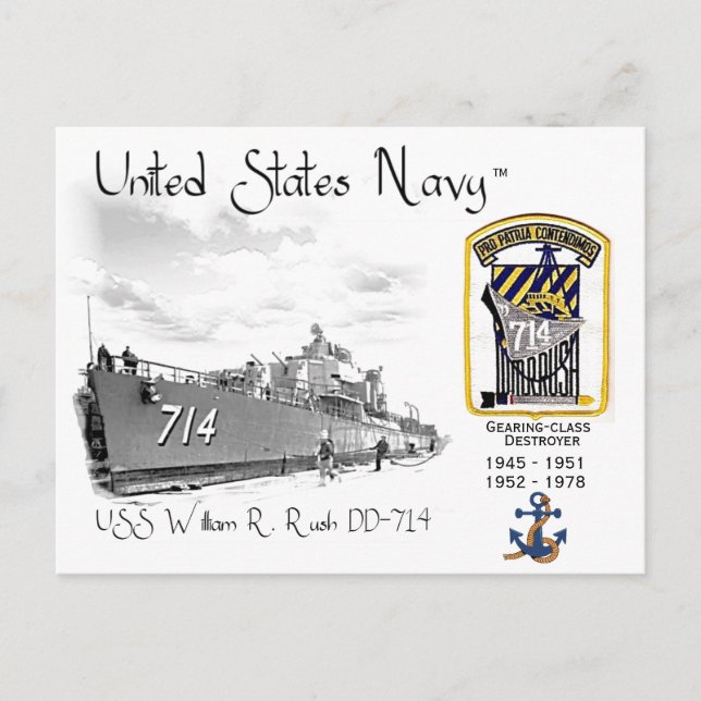 Cartão Postal USS WILLIAM R. Rush DD-714 DESTROYER (Frente)