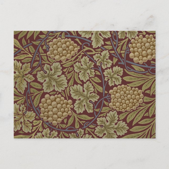 Cartão Postal Uva de Videira Arte Verde Vermelho William Morris (Frente)