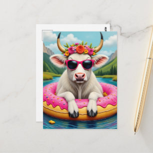 Cartão Postal Vaca Adorável em uma Viagem de Flutuação