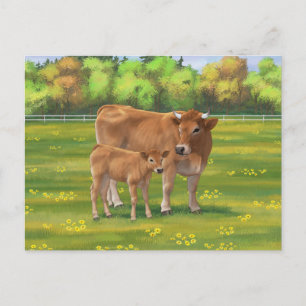 Cartão Postal Vaca Aubrac e Vitelo Fresco na Pastagem Primavera