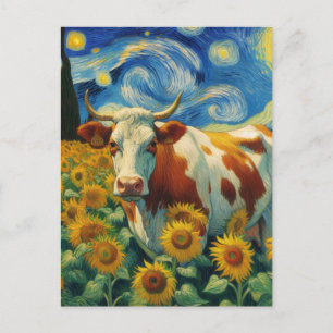Cartão Postal Vaca Branca Marrom num Campo Faux Van Gogh Sunflow