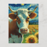 Vaca branca-marrom numa pintura de Faux Van Gogh