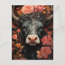 Cartão Postal Vaca cinza com cabelo encaracolado nas flores