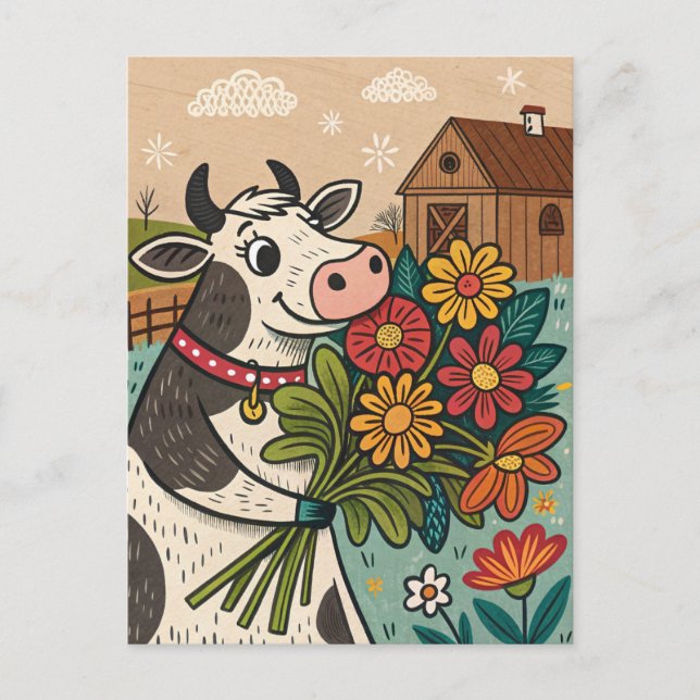 Cartão Postal Vaca com flores estilo de arte popular fofo (Frente)