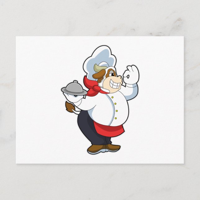 Cartão Postal Vaca como Garçom com Prato de Serviço (Frente)