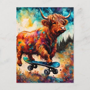Cartão Postal Vaca das Terras Altas de Skate Fofo