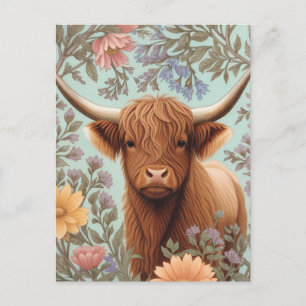 Cartão Postal Vaca das Terras Altas Pastel Floral Inspirada em W