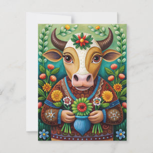 Cartão Postal Vaca de arte popular com aniversário feliz