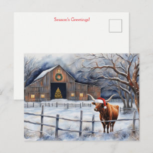 Cartão Postal Vaca e celeiro de Natal fofo no campo