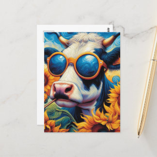 Cartão Postal Vaca engraçada em óculos de sol em campo de girass