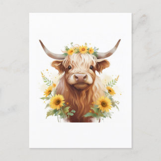 Cartão Postal Vaca Highland com Flor Amarelo de Girassol