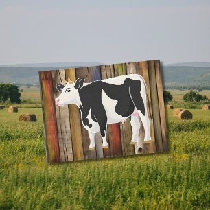 Cartão Postal Vaca Holstein com fundo de tábua antiga