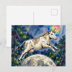 Cartão Postal Vaca Leiteira Unicórnio Pulando a Lua