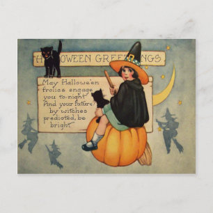Cartão Postal Vaca Negra Gato Pumpkin Crescent Moon