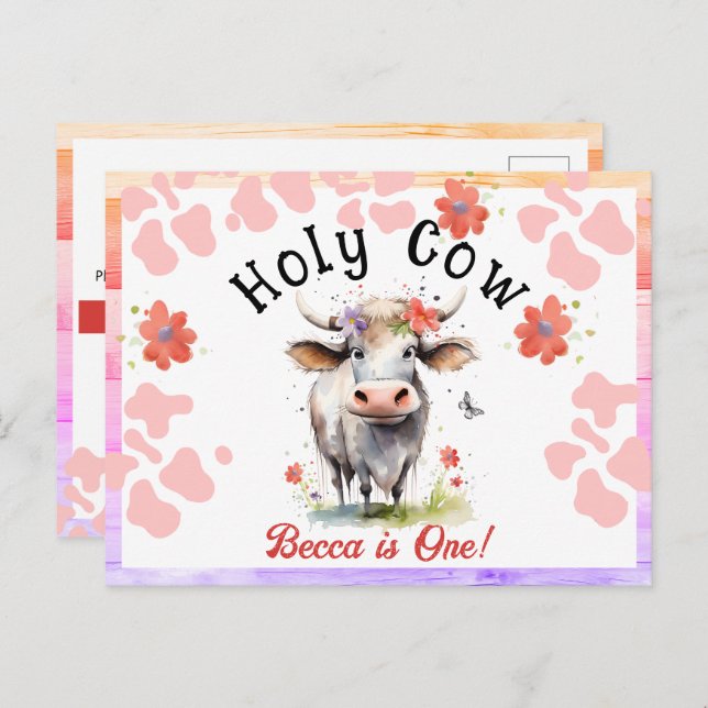 Cartão Postal Vaca Sagrada Aniversário de 1 ano Aquarela Menina (Frente/Verso)