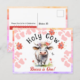 Cartão Postal Vaca Sagrada Aniversário de 1 ano Menina Aquarela