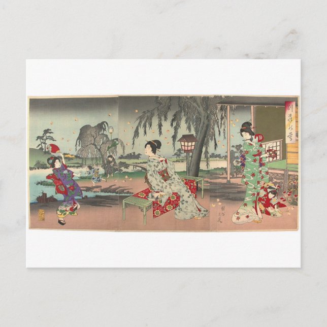 Cartão Postal Vagalumes por Toyohara Chikanobu (Frente)