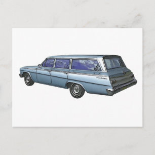Cartão Postal Vagão azul da estação Chevrolet de 1962.