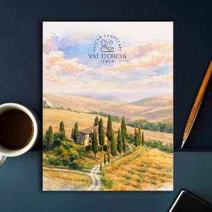 Cartão Postal Val d'Orcia, Itália Paisagem Toscana em Aquarela
