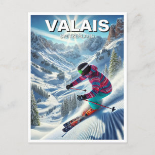 Cartão Postal Valais Suiça Skiing Skier Viagem