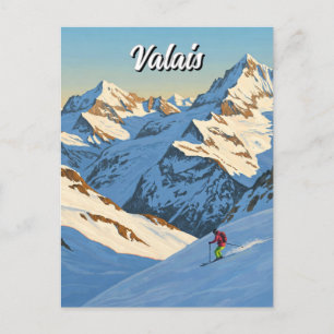 Cartão Postal Valais Suiça Skiing Skier Viagem