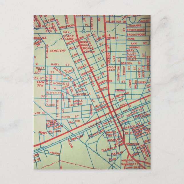 Cartão Postal Valdosta, GA Vintage Map (Frente)