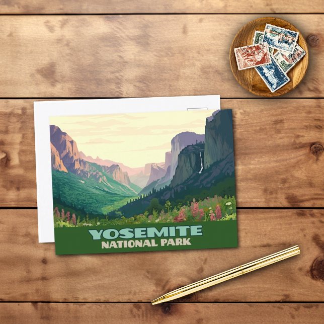 Cartão Postal Vale do Parque Nacional de Yosemite, Meia Dome (A Yosemite National Park in California postcard, display the Valley, Half Dome, Bridalveil Falls.)