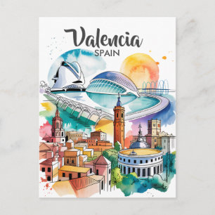 Cartão Postal Valência Espanha Paisagem Urbana Aquarela Viagem P