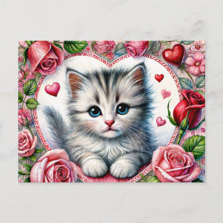 Cartão Postal Valentine Kitten with Red Roses