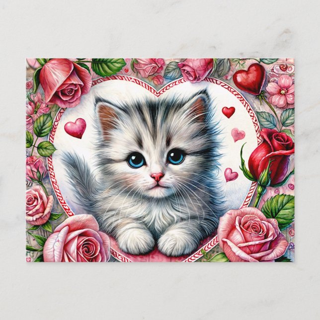 Cartão Postal Valentine Kitten with Red Roses (Frente)