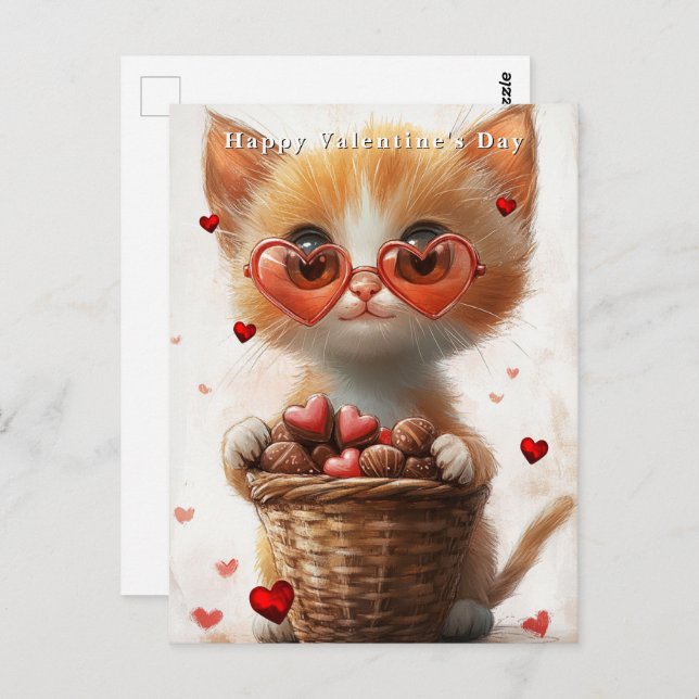 Cartão Postal Valentine's Day Ginger Cat Basket Hearts  (Frente/Verso)