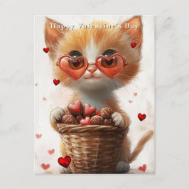 Cartão Postal Valentine's Day Ginger Cat Basket Hearts 