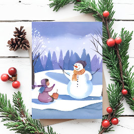 Cartão Postal Vamos Construir um Boneco de Neve | Pintura de Inv