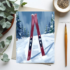 Cartão Postal Vamos Esquiando | Pintura em Aquarela de Esquis de