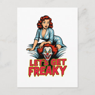 Cartão Postal Vamos Ficar Doidos – Pin-Up Retro & Palhaço Assust