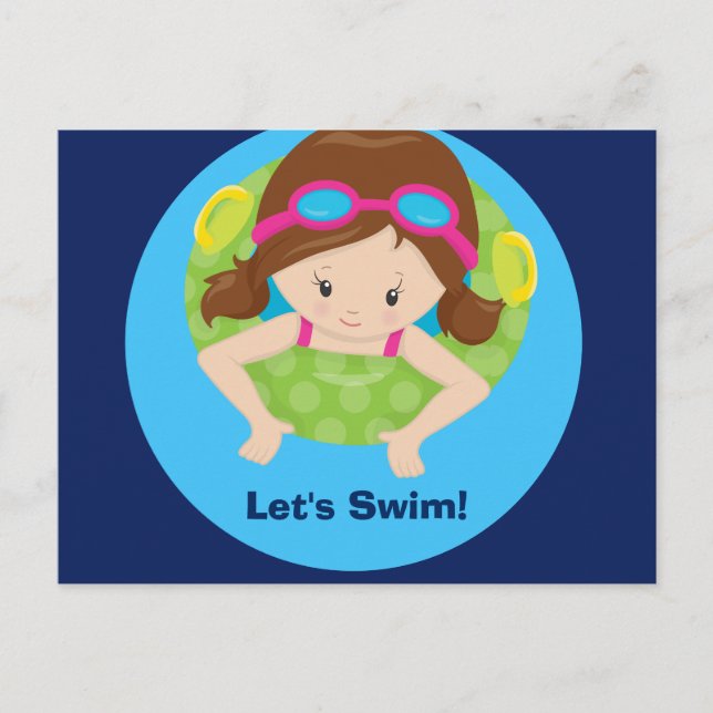 Cartão Postal Vamos nadar Festa de aniversário da piscina Menina (Frente)