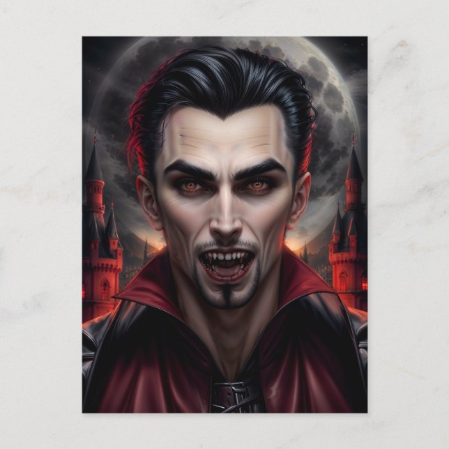 Cartão Postal Vampiro Assustador com Retrato Presas (Frente)