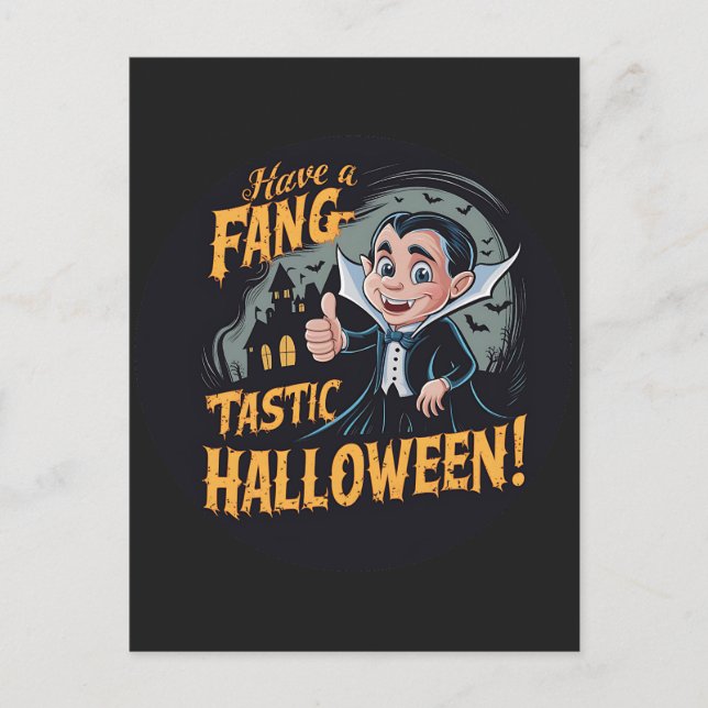 Cartão Postal Vampiro Engraçado Tem um Halloween Fang-Tástico (Frente)