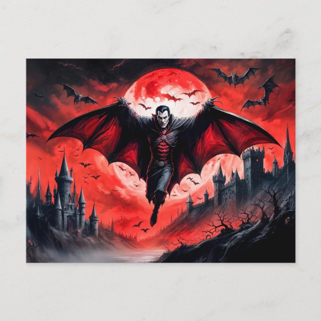 Cartão Postal Vampiro Voando Sobre Castelo Assombrado (Frente)