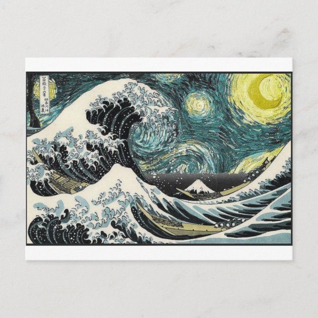 Cartão Postal Van Gogh A Noite Estrelada - Hokusai A Grande Onda (Frente)