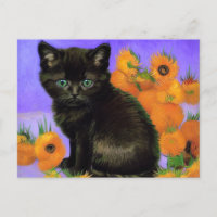 Van Gogh Black Kitten com Girassóis