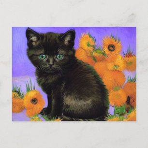Cartão Postal Van Gogh Black Kitten com Girassóis