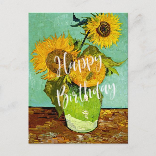Cartão Postal Van Gogh - Girassóis, Três, Feliz Aniversário! (Frente)