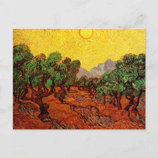 Cartão Postal Van Gogh Olive Trees com Céu Amarelo e Sol (Frente)