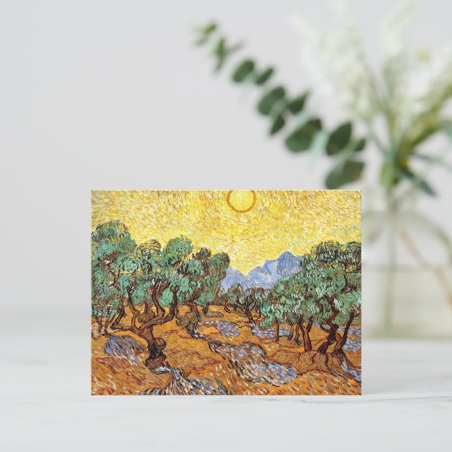 Cartão Postal Van Gogh: Olive Trees with Yellow Sky and Sun (Em pé/Frente)