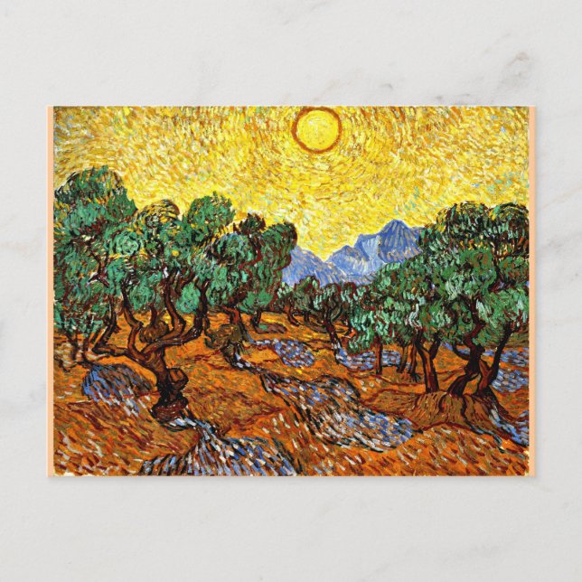 Cartão Postal Van Gogh - Oliveiras com Céu Amarelo e Sol (Frente)