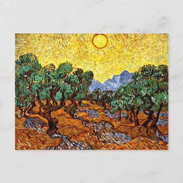Cartão Postal Van Gogh - Oliveiras com céu amarelo e Sun Pos (Frente)